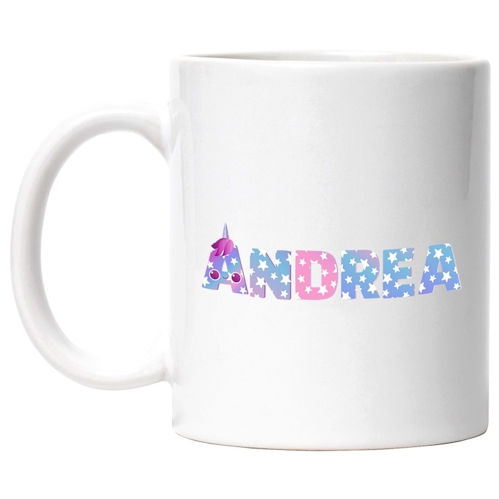 Személyre szabott fehér bögre, Andrea névvel, Unikornis, Hercegnő, Mese, Aranyos, INOVATIX®. 330ml