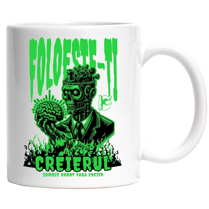 Cana alba personalizata, Foloseste-ti Creierul - Zombie Robot fara Creier, INOVATIX®. 330ml