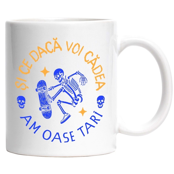 Cana alba personalizata, Schelete pe placa de skateboard, mesaj SI DACA VOI CADEA AM OASE TARI, INOVATIX®. 330ml
