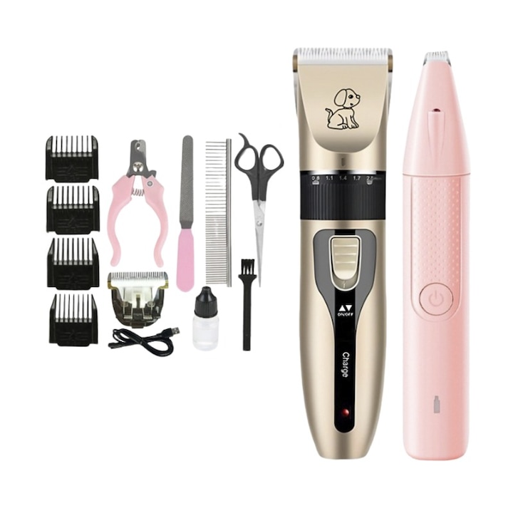 OEM Állatnyíró gép szett, szőrzet- és pataápoló készlet, rozsdamentes acél fejek, 13 kiegészítő, arany színű, kutyák és macskák ápolásához