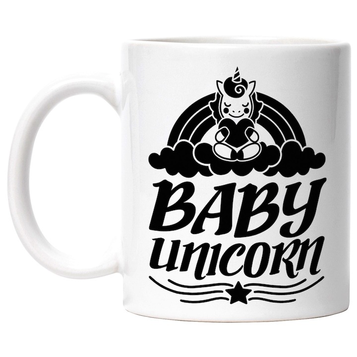 Személyre szabott fehér bögre, egy unikornis szívet tart a karjában. Unikornis bébi - INOVATIX®. 330ml