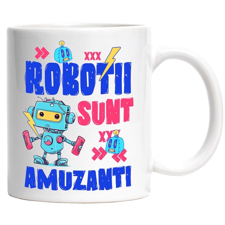 Cana alba personalizata, Robot Metalic Colorat Robotii Sunt Amuzanti, Robotica, Calculatoare, INOVATIX®. 330ml