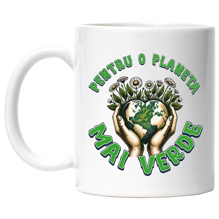 Cana alba personalizata, Pamant In Forma De Inima Flori Margarete Inima Dragoste, Pentru O Planeta mai verde, INOVATIX®. 330ml