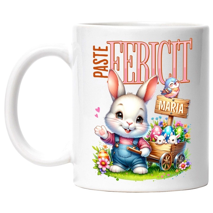 Cana alba personalizata, Iepure Alb Cu Salopeta De Denim Carucior Cu Oua Colorate Pascal Paste Fericit maria, INOVATIX®. 330ml