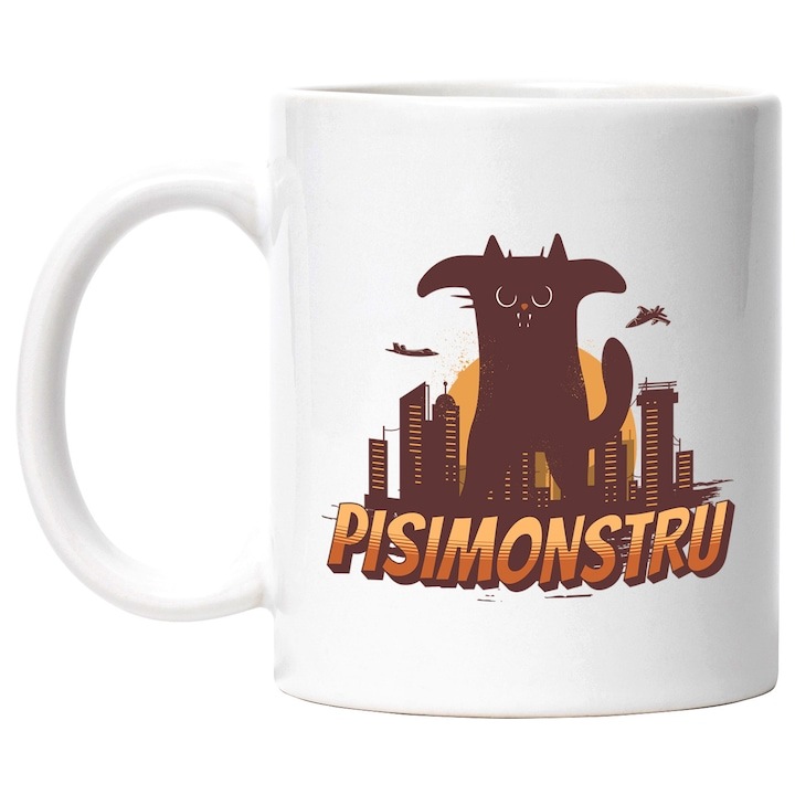 Cana alba personalizata, imensa Neagra PisiMonstru. Animal Blanos Iubitorii De Motani, INOVATIX®. 330ml