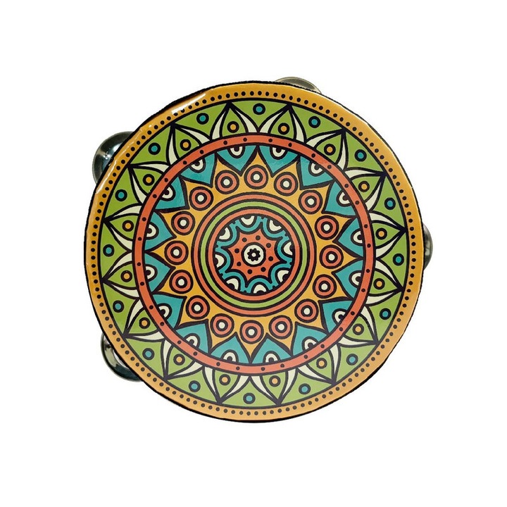Tamburina JoyTones 6 inch | Instrument de Percutie din Lemn si PVC cu Zurgalai | Design Mandala pentru Copii si Adulti - Ideala pentru Dans, Petreceri si Educatie Muzicala verde si galben
