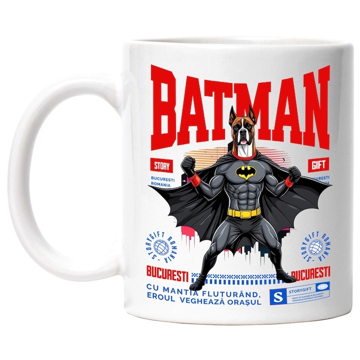 Cana alba personalizata, Boxer Caine In Costum de BatMan cu Pelerina, Erou Nocturn, Desene animate, Copii, Iubitorii de Animale, INOVATIX®. 330ml