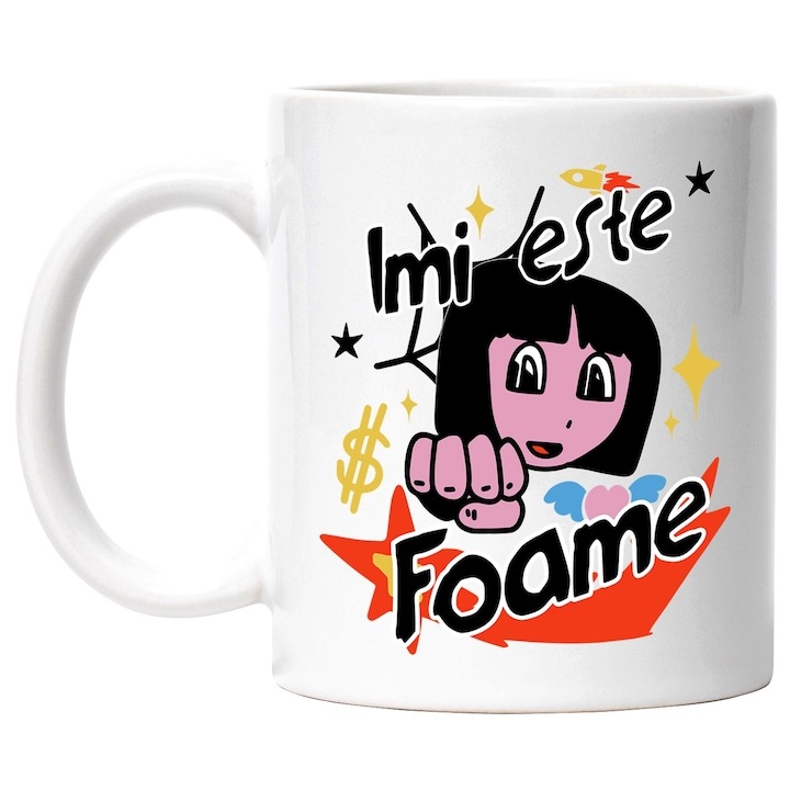 Cana alba personalizata, Fata desene animate imi e foame mancare, INOVATIX®. 330ml