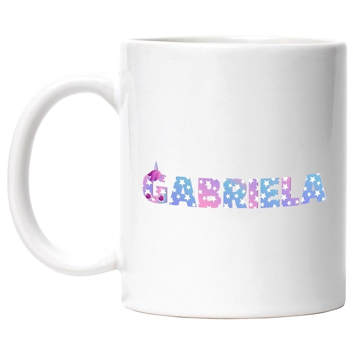 Személyre szabott fehér bögre, Név: Gabriela, Unikornis, Hercegnő, Mese, Aranyos, INOVATIX®. 330ml