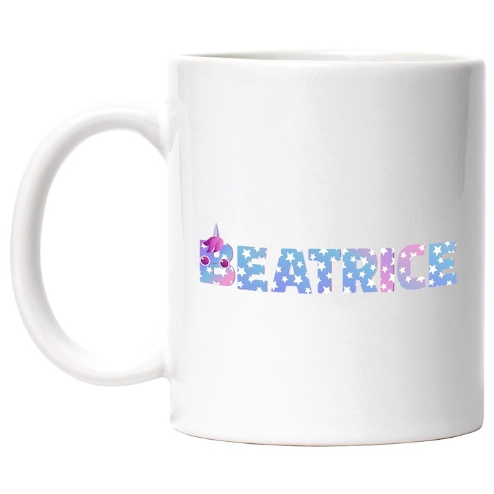 Személyre szabott fehér bögre, Beatrice, Unikornis, Hercegnő, Mese, Aranyos névvel, INOVATIX®. 330ml
