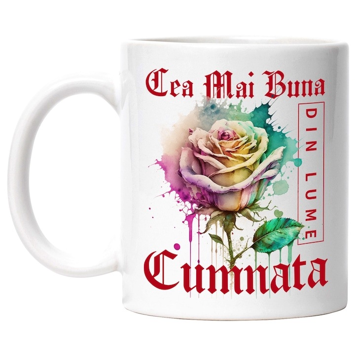 Cana alba personalizata, ul Cea Mai Buna Cumnata, Din Lume, Floare, Trandafir Colorat, Watercolor, Pictura pe Apa, Design, INOVATIX®. 330ml