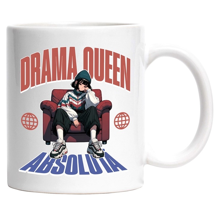 Cana alba personalizata, Fta astil anime pe fotoliu DRAMA QUEEN ABSOLUTA, INOVATIX®. 330ml
