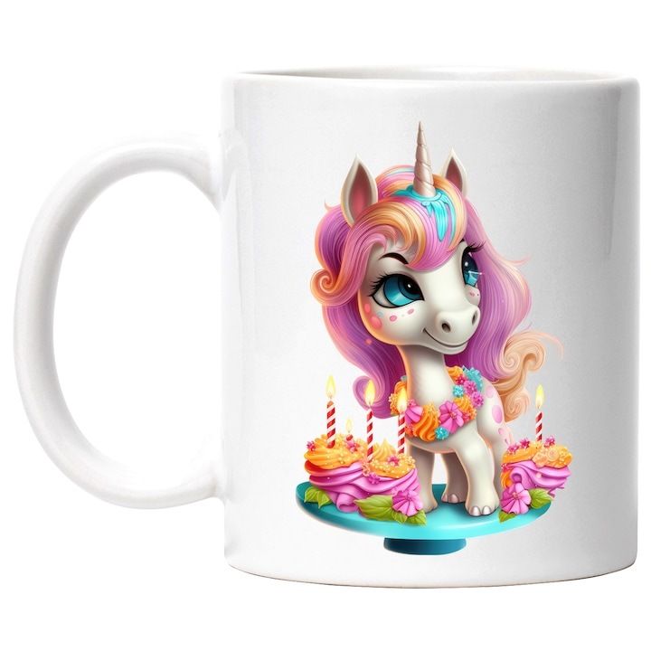 Személyre szabott fehér bögre, unikornis, illusztráció, öröm, vidámság, kellemes hangulat, születésnap, torták, égő gyertyák, INOVATIX®. 330ml