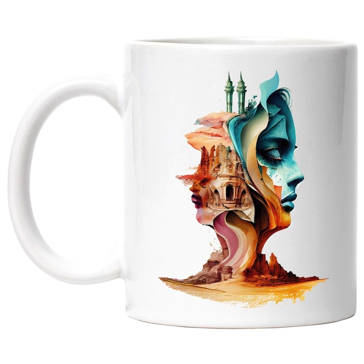 Cana alba personalizata, Portret Fata, Turnuri Inalte Contemporane, Castelul Printesei, Basme, Arta Abstracta, INOVATIX®. 330ml