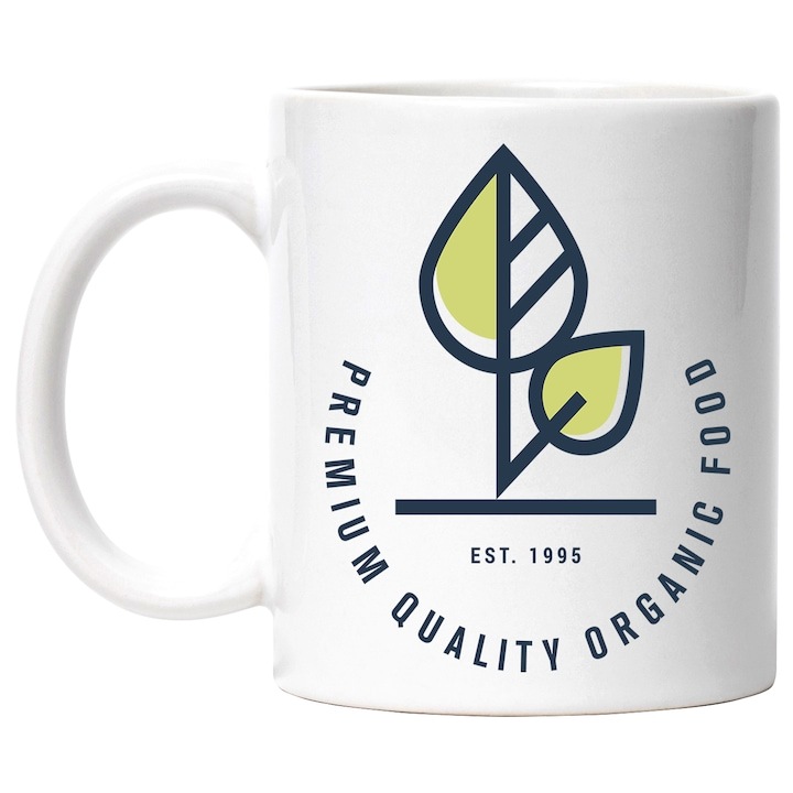 Cana alba personalizata, Mesaj In Engleza Premium Quality Organic Food, Frunze, Natural, Emblema, INOVATIX®. 330ml