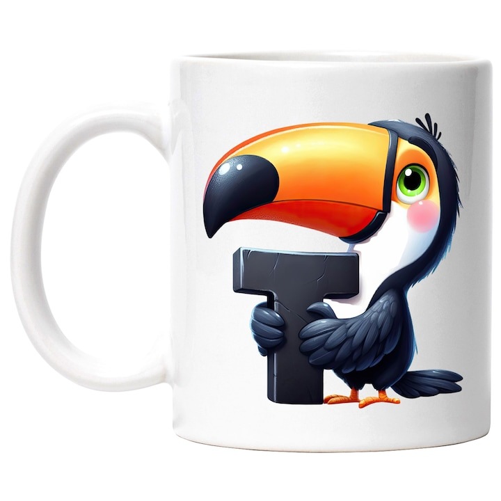 Személyre szabott fehér bögre, tukánmadár T betűvel, illusztráció, gyerekeknek, iskolásoknak, diákoknak, első osztályosoknak, repülésre, INOVATIX®. 330ml