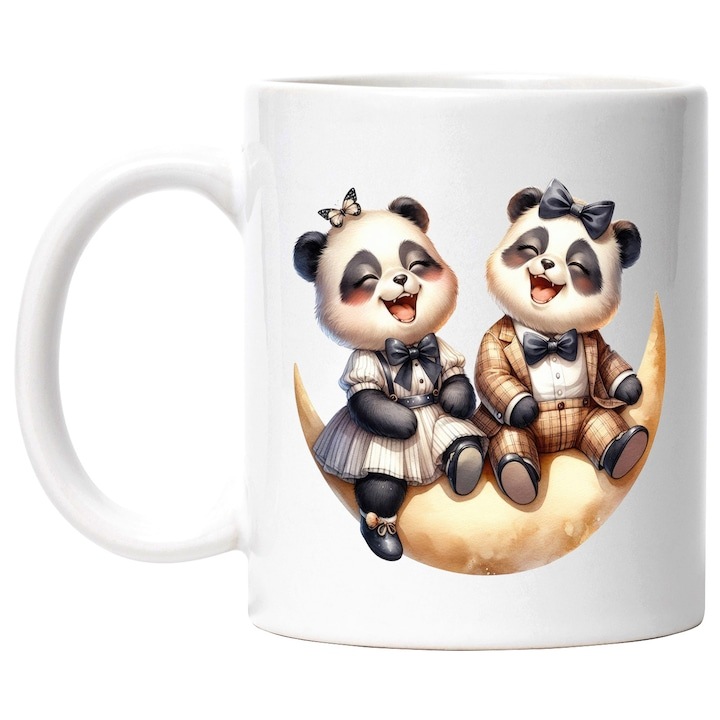Cana alba personalizata, 2 ursuleti Panda, ilustratie, pe semiluna, se simt bine, rad, prietenie, apropiere, INOVATIX®. 330ml