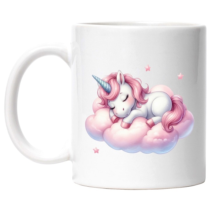 Személyre szabott fehér bögre, alvó unikornis, illusztráció, csillagok, felhő, lustaság, alvás, INOVATIX®. 330ml