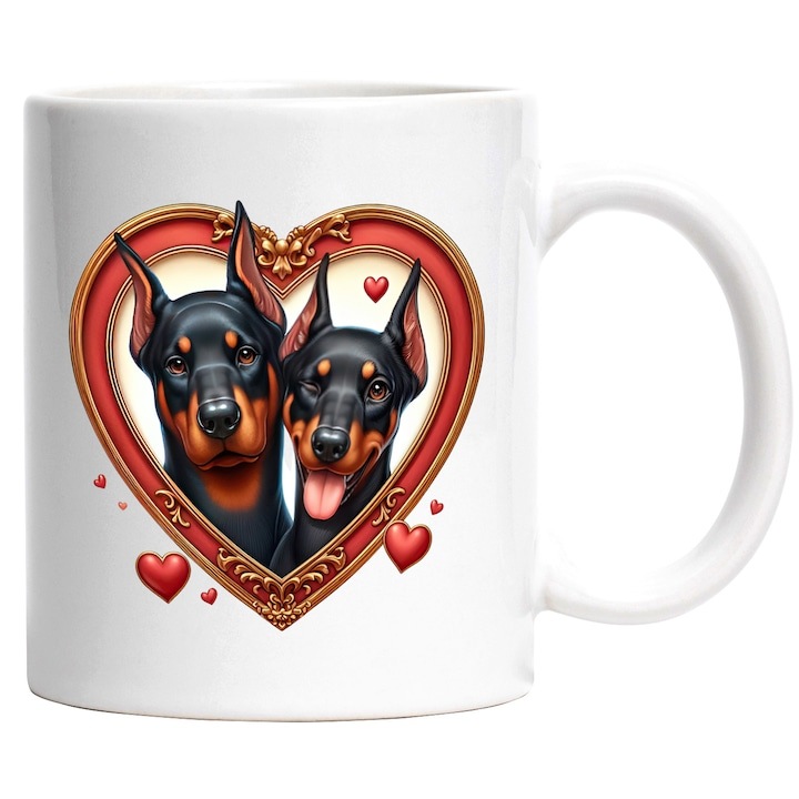 Cana alba personalizata, o catelusa si un caine intr-un cadru in forma de inima, ilustratie, intelegere, pentru iubitorii de caini, margini aurii, pentru iubitorii de caini, INOVATIX®. 330ml