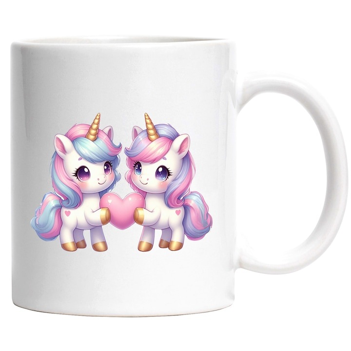 Személyre szabott fehér bögre, 2 unikornis szívvel, illusztráció, pirulás, boldogság, barátság, közelség, Valentin-nap, elismerés, INOVATIX®. 330ml