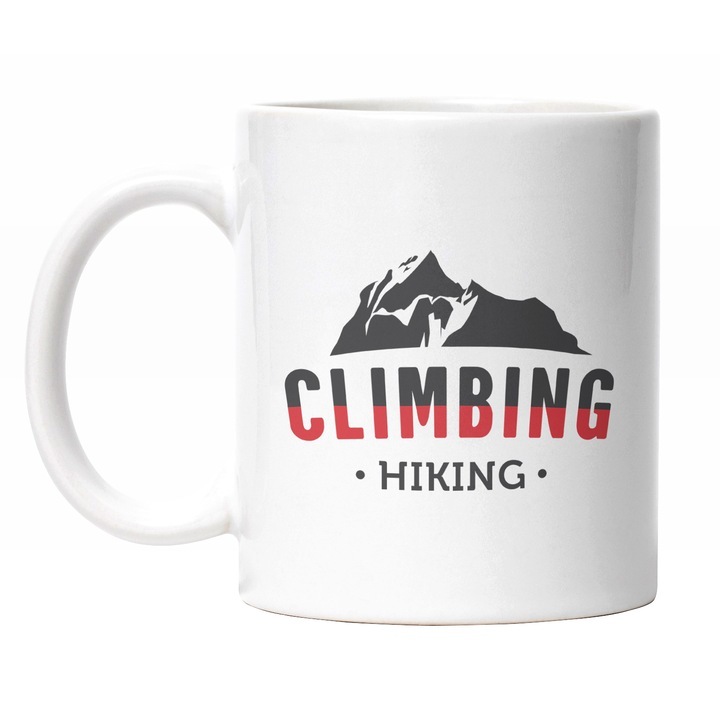 Cana alba personalizata, Mesaj In Engleza Climbing Hiking, Munte Inalt, Drumetie, Urcare PE Munte, Aventura, INOVATIX®. 330ml