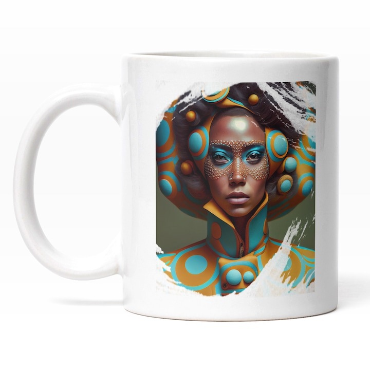 Cana alba personalizata, Portret Cu Fata Par Brunet, Make Up Bizar Albastru Tinuta Portocaliu Albastru Cu guler Inalt, Fashion, INOVATIX®. 330ml