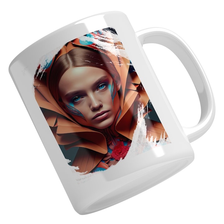 Cana alba personalizata, Portret Fata Ochii Albastri, Guler Inalt Portocaliu, Desene Animate, Fashion Abstract, INOVATIX®. 330ml