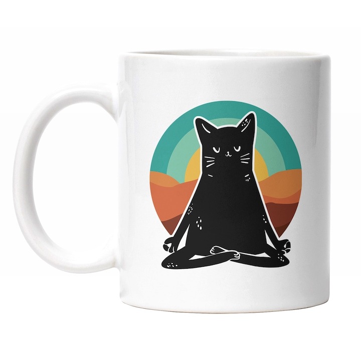 Cana alba personalizata, Neagra Stand In Pozitie DE Yoga, Priveliste Apus, Meditatie, Iubitorii De animale Blanoase, INOVATIX®. 330ml