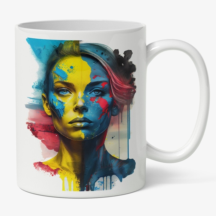 Cana alba personalizata, Pictura Curgatoare, Razboinica Ochii Albastri, Steagul Romaniei, Par Blond, Pictata Pe Fata, Patriot, INOVATIX®. 330ml