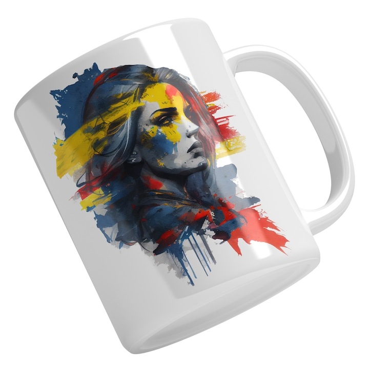 Cana alba personalizata, Portret Pictura Curgatoare Fata Privind In Stanga, Steagul Romaniei, Par Brunet, Pictata Pe Fata, Patriot, INOVATIX®. 330ml