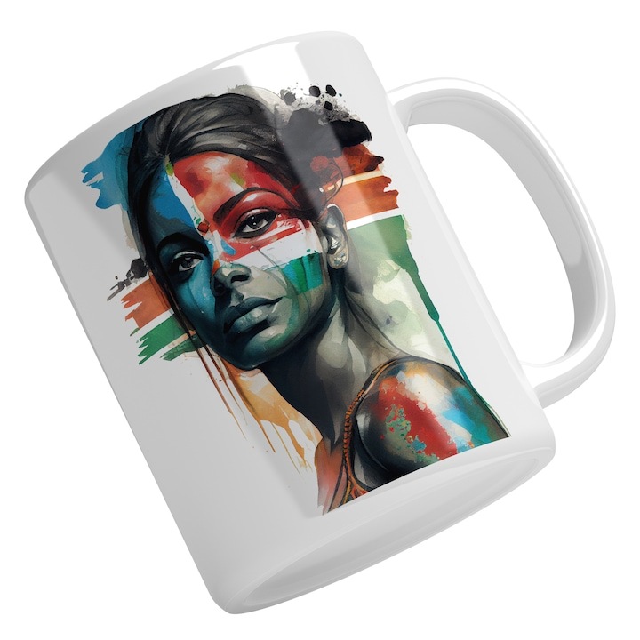 Cana alba personalizata, Portret Fata, Par Brunet, Pictata Pe Fata, Patriot, Pictura Curgatoare Multicolor, INOVATIX®. 330ml