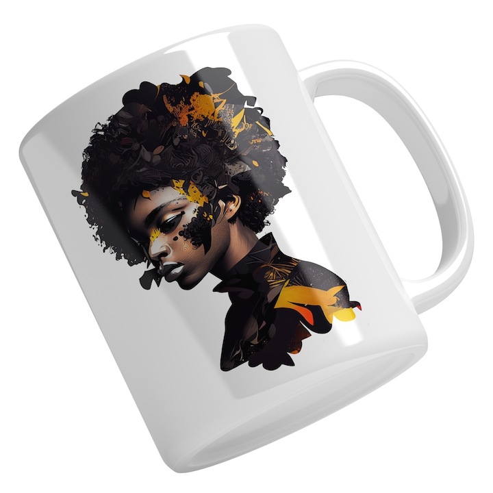 Cana alba personalizata, Portret Cu Fata Par Brunet Cu Auriu, Tinuta Neagra Cu guler Inalt, Fashion, INOVATIX®. 330ml