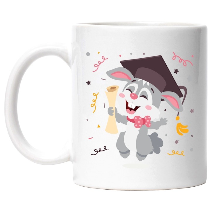 Персонализирана бяла чаша, Заек, Шапка, Диплома, Конфети, Абитуриентски бал, Есета, Панделка, INOVATIX®. 330 мл