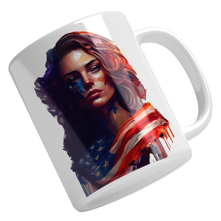 Cana alba personalizata, Chip Fata Bruneta Pictata, Cu Lacrimi In Ochii, Sange, Patriot, Steagul Statelor Unite Ale Americii, INOVATIX®. 330ml