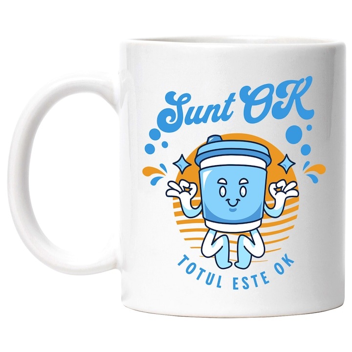 Cana alba personalizata, Pahar De apa In Pozitie Yoga Sunt Ok Totul Este Ok, INOVATIX®. 330ml
