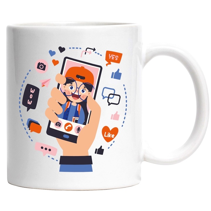 Cana alba personalizata, Telefon, Mana, Videocall, Ochelari, Mesaje, Like, Inimi, INOVATIX®. 330ml