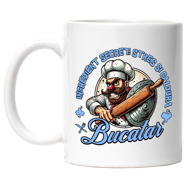 Cana alba personalizata, Bucatar Cheff Cu Palarie Inalta Si Mustata Meserie Ingredient Secret Stres Si Caldura, INOVATIX®. 330ml