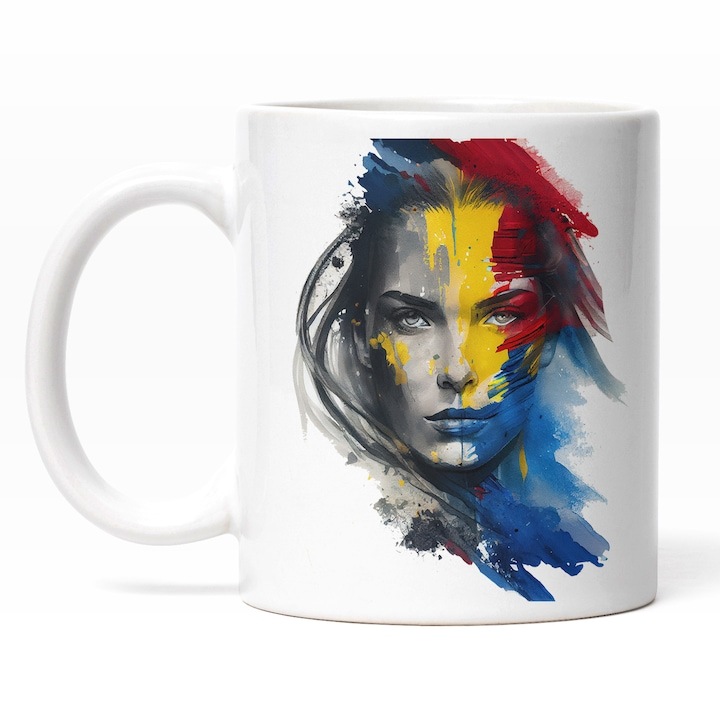 Cana alba personalizata, Portret Pictura Curgatoare Fata Ochii Verzi, Steagul Romaniei, Par Brunet, Pictata Pe Fata, Patriot, INOVATIX®. 330ml