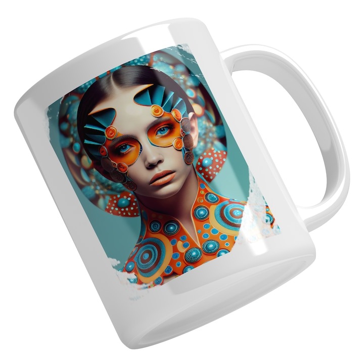 Cana alba personalizata, Portret Regina, Palida, Tinuta Multicolora Cu Guler Inalt, Par Blond Make Up Albastru Portocaliu, INOVATIX®. 330ml