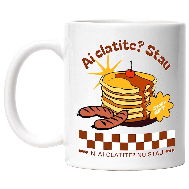 Cana alba personalizata, Turn Clatite Cu Aroma Si Cireasa Ai Clatite Stau N ai Clatite Nu Stau, INOVATIX®. 330ml