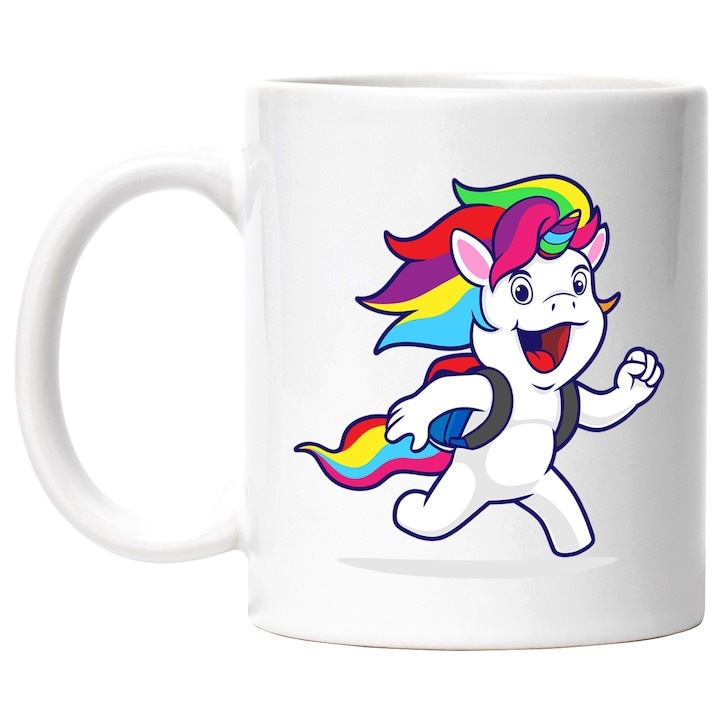 Személyre szabott fehér bögre, Unikornis, Tanuló, Diák, Hátizsák, Futás, INOVATIX®. 330ml