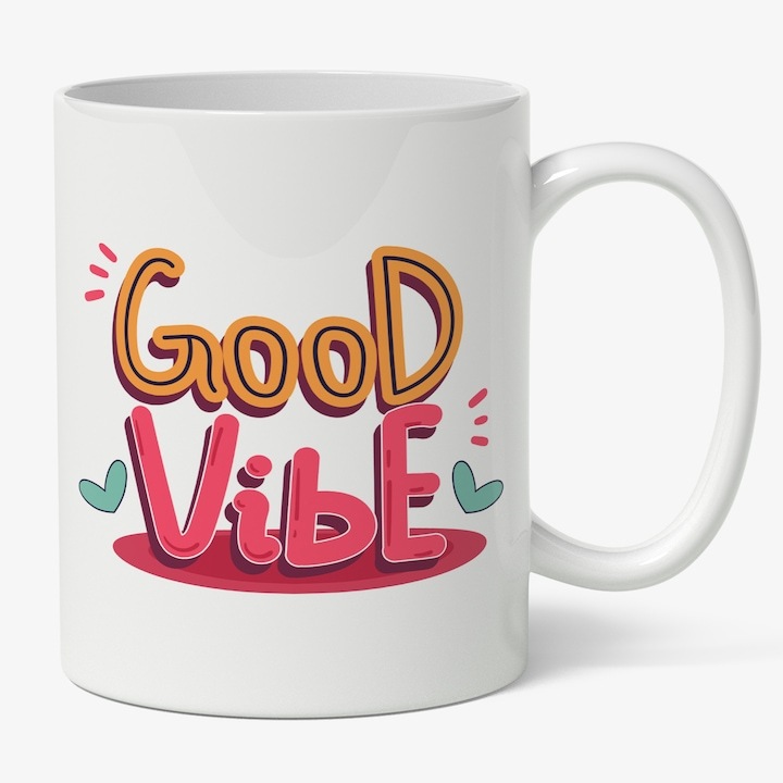 Cana alba personalizata, Motivational In Engleza Good Vibe, Energie Buna, Ambitii Inalte, INOVATIX®. 330ml