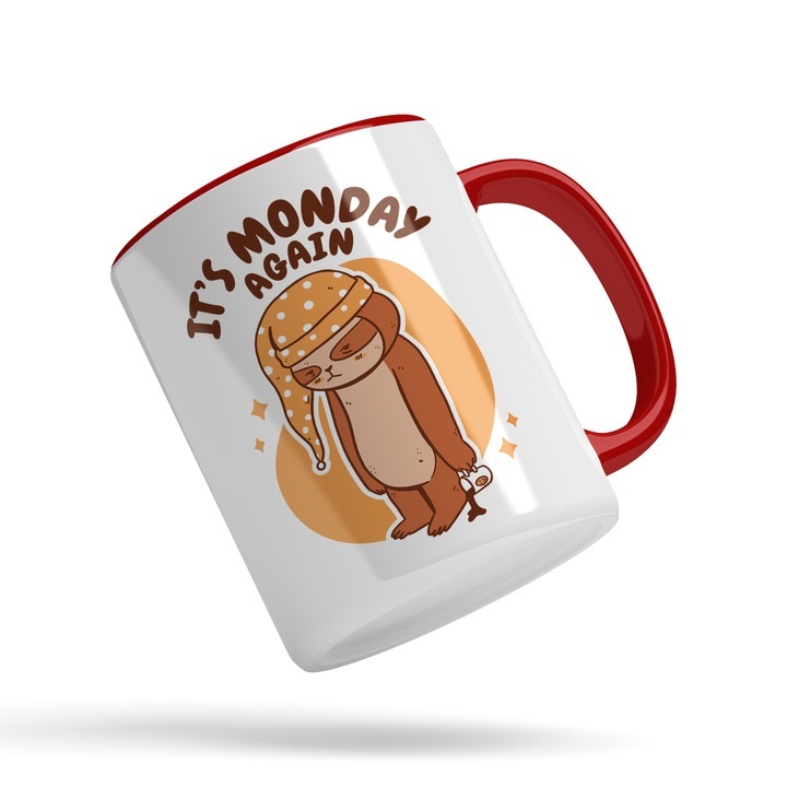 Cana alba personalizata, Ursulet Cu Caciula De Noapte, Mesaj It's Monday Again, Inceput De Sapataman, In Asteptarea Weekend-ului, Epuizare, Cadou Pentru Oamenii Petrecareti, Negru, Maner Rosu, INOVATIX®. 330ml