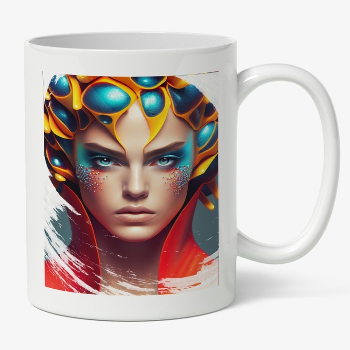 Cana alba personalizata, Portret Make Up Margele, Palarie Bizara Galben Verde, Tinuta Rosie Cu Guler Inalt, Fashion, INOVATIX®. 330ml