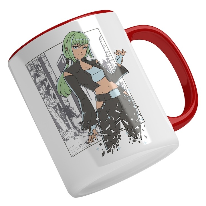 Cana alba personalizata, Fata Anime Cu Breton Par Verde, Costum De Erou, Cladiri Inalte, Asia, Cadou Pentru Iubitorii De Cultura Asiatica, Maner Rosu, INOVATIX®. 330ml