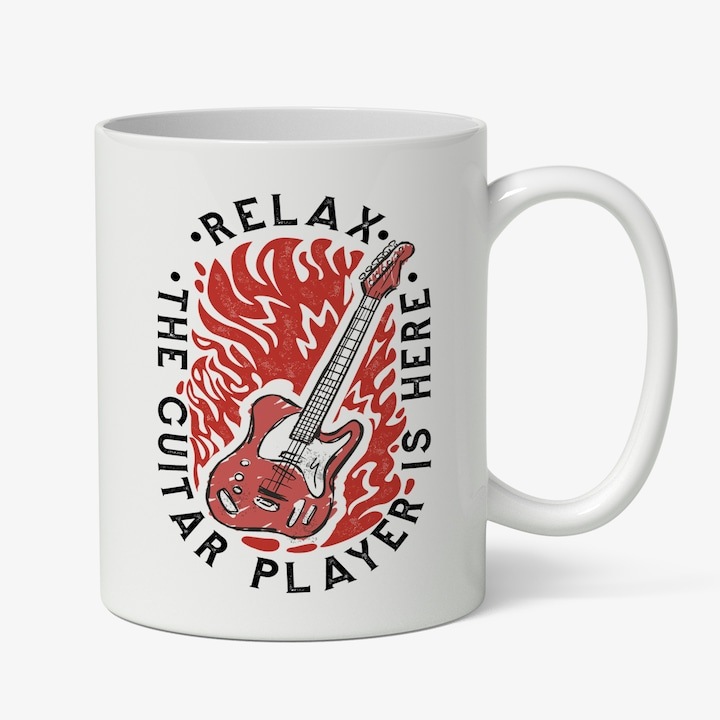 Személyre szabott fehér bögre, Lángoló elektromos gitár, Angol nyelven A gitáros itt van, Relax, Rockzene, INOVATIX®. 330ml