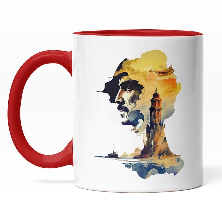 Cana alba personalizata, Turn Inalt, Chip Masculin In Ceruri, Apus De Soare, Cadou Pentru Iubitorii De Fimle SF, Maner Rosu, INOVATIX®. 330ml