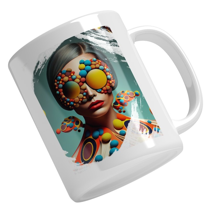 Cana alba personalizata, Portret Cu Fata Ochelarii De Soare Portocalii Imensi Cu Margere Multicolor, Albastru Portocaliu, Tinuta Cu Guler Inalt, Fashion, INOVATIX®. 330ml