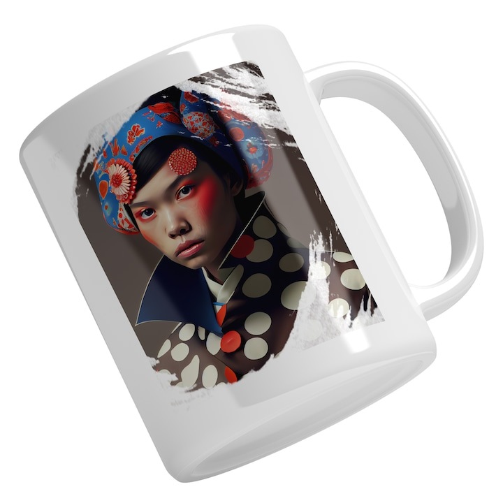 Cana alba personalizata, Portret Fata Asiatica Pictura Stearsa Bizar, Palarie Bizara, Tinuta Traditionala Colorata Cu Guler Inalt, Carnaval Multicolor, INOVATIX®. 330ml