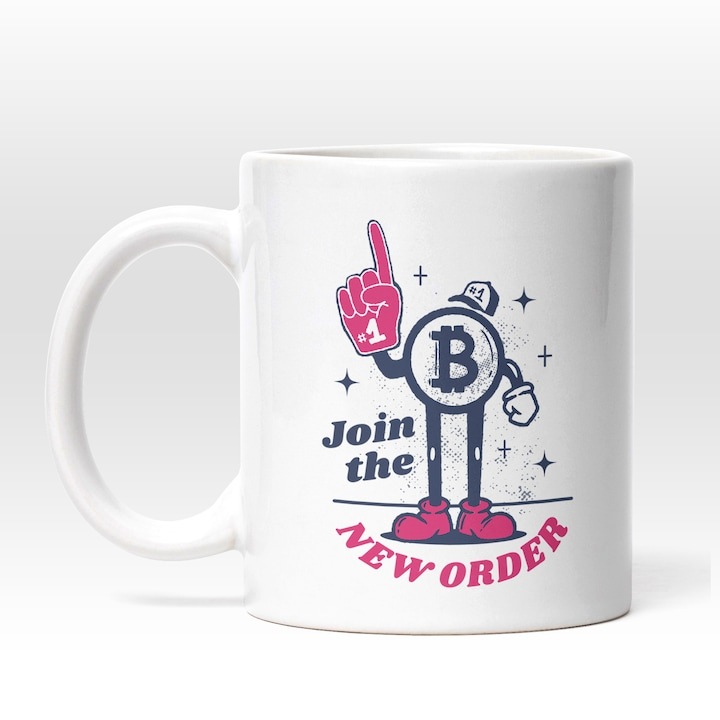 Cana alba personalizata, Mesaj In Engleza Join The New Order, Moneda Bitcoin Cu Manusa Stil Basketball, Monede Virtuale, Investitii, INOVATIX®. 330ml